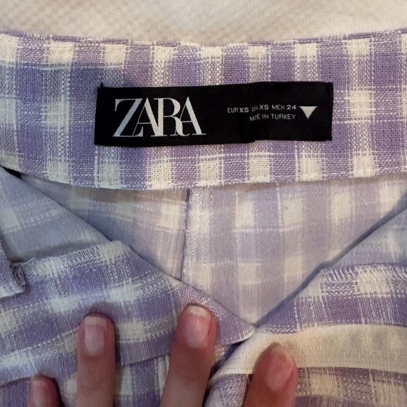 Zara Cotton Blend Purple White Micro Gingham Check High Waisted Mini Shorts - Picture 4 of 5